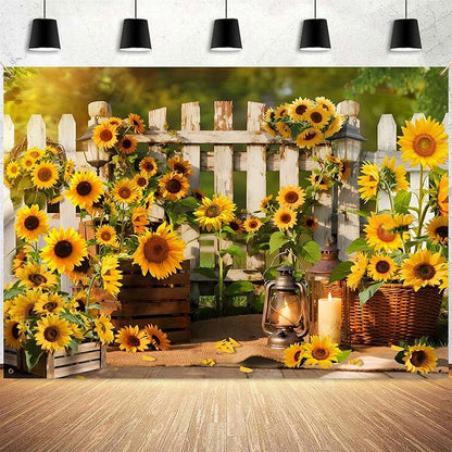 Rustic Sunflowers Backdrop Rustic Wooden Fence Sunflower Floral Photography Background for for Girls Woman Garden Party Banner Decoraitons Portrait Photo Booth Studio Props 10x7ft FU042DX