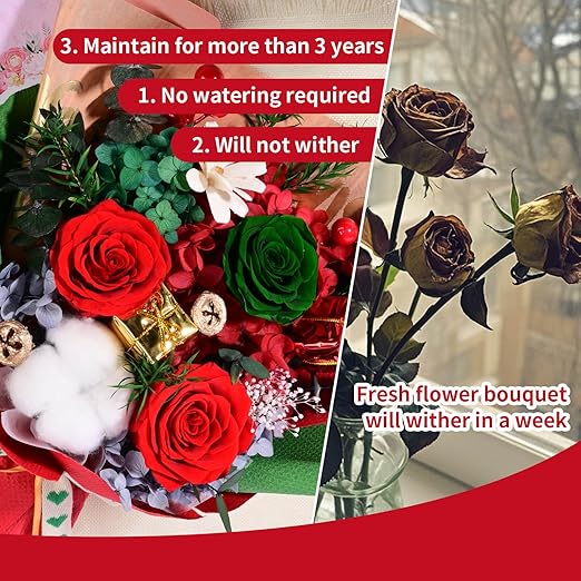 Eslibin Preserved Red Rose Flowers Christmas Gift Bouquet-Fresh Rose Flowers Bouquet for Delivery Prime, Fresh Cut Flowers for Birthday Gift, Gift for Her:Mother's Valentine's Day