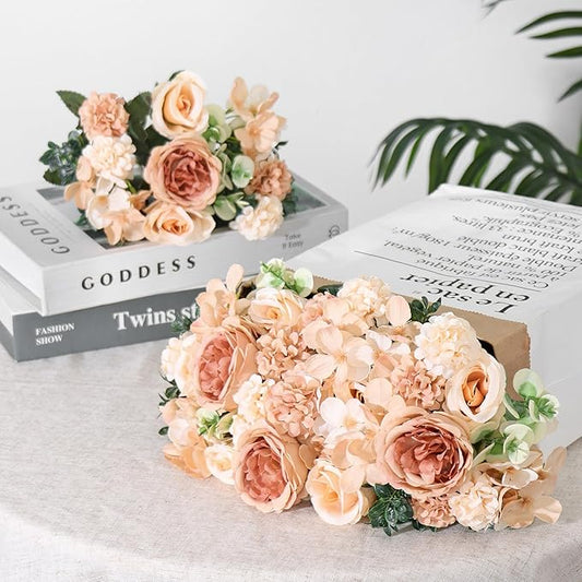 2 Bundles Champagne Peonies Artificial Flowers Silk Flower Centerpieces for Tables Fake Flower Arrangements Mixed Roses Hydrangea with Stems for Wedding Bridal Bouquets Home Table Decor