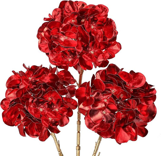 Hollyone 3Pcs Artificial Hydrangea Flowers Red Christmas Ornaments Flowers 26inch Fake Hydrangea Flower Floral Arrangements Bouquets Xmas Faux Hydrangeas Stems Wedding Party Christmas Home Decor
