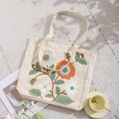 Aesthetic Embroidery Tote Bag for Lady Cute Reusable Canvas Shoulder Bag for Girls Women Shopping Grocery