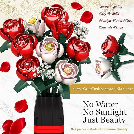 Roses Flower Bouquet Building Kit, 841PCS Red Roses Artificial Flowers with Vase, Botanical Collection Forever Rose Toy for Adults, Kids, DIY Gifts for Women, Her, Him Anniversaries