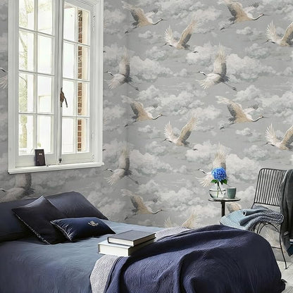 Peel and Stick Vintage Chinoiserie Animal Contact Paper Removable Grey Crane Wallpaper 17.7" x 118.11" Wall Paper Watercolor Self Adhesive for Classroom Bedroom Laundry Room Bathroom
