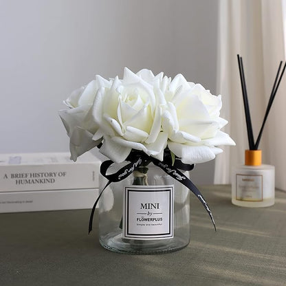 Artificial Flowers with White Roses in Vase, Fake Flowers in Glass Jar with Ribbon, Silk Flower Arrangements in Vase with Artificial Flowers for Home Dining Table Decor.