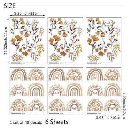 YouRfocus Boho Rainbow Floral Wall Decals for Nursery & Kids Room – Set of 48 Removable Peel and Stick Wall Stickers, Neutral Boho Home Decor (6 Sheets)