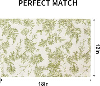 QIYI Boho Placemats Set of 4, 12x18 Inch Linen Fabric Floral Place Mats for Kitchen Dinning, Farmhouse Rustic Cloth Table Mats, Washable Placemat Party Table Décor, Green Botanical Art