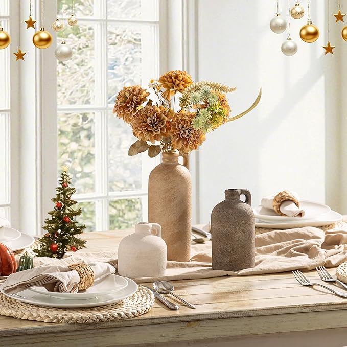 Ceramic Vase Home Table Decor - Flower Vase Set of 3 Living Room Kitchen Decorations Farmhouse Modern Rustic Vases Decorative Centerpiece for Shelf Bedroom Office Bathroom Dining Coffee Desk