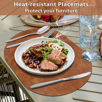 ADRIMER Placemats, Heat Resistant Oval Placemats Set of 4 Washable 12 x 17 Inch, Waterproof Table Mats, Wipeable Pu Place Mats for Kitchen, Dining Room, Turmeric Brown+Light Brown+Green+Blue