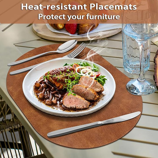 ADRIMER Placemats, Heat Resistant Oval Placemats Set of 6 Washable 12 x 17 Inch, Waterproof Table Mats, Wipeable Pu Place Mats for Kitchen, Dining Room, Turmeric Brown