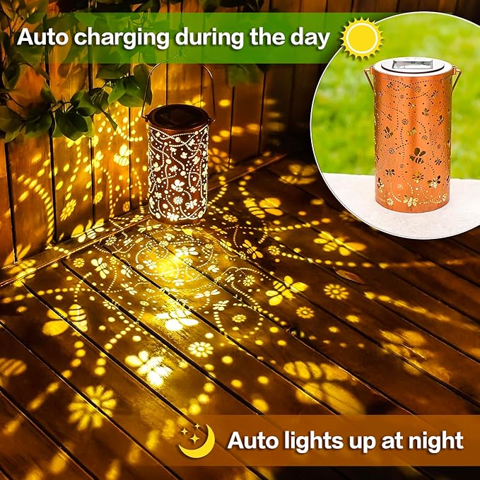 Bee Solar Lanterns Outdoor Waterproof Hanging Solar Lights Bee Gifts for Women Men Metal Decorative LED Bee Lanterns for Garden Decor,Yard,Patio,Lawn,Tabletop,Pathway,Landscape