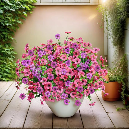 SHIAWASENA Realistic Outdoor Fake Plants Flowers, Artificial Flowers, UV Resistant, 12 Bundles Faux Silk Colorful Violet Flowers Bouquet with Eucalyptus (Rose Red & Purple)
