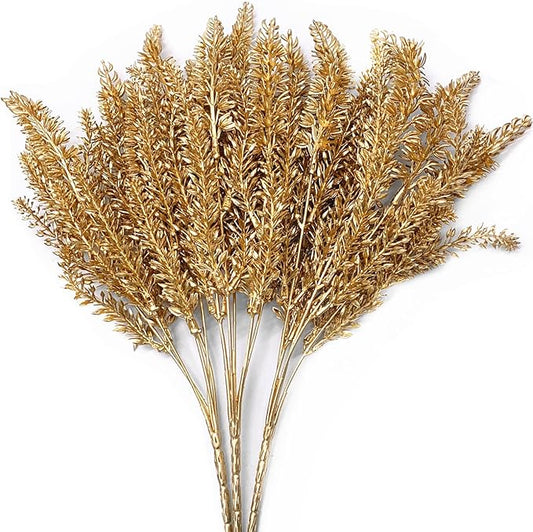 CATTREE Christmas Fake Plants, Artificial Plastic Grass Golden Shrubs Faux Lavender Leaves Simulation Bushes Home Indoor Wedding Decoration Hall Table Planter Filler Decoration - Gold 3 Pack