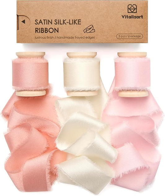 Vitalizart Silk Satin Ribbon 1 Inch x 15 Yard Wooden Spool Pink Handmade Frayed Ribbon for Gift Wrapping Baby Shower Wedding Bridal Bouquets Holiday Decor Hot Blush Pink