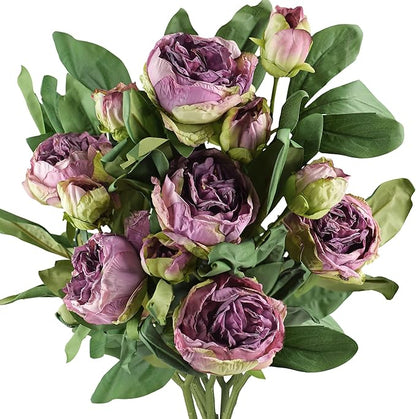 FiveSeasonStuff Vintage Purple Peonies – Realistic Artificial Silk Flowers with Dry-Look Petals, 6 Stems for Rustic Home & Wedding Floral Arrangements