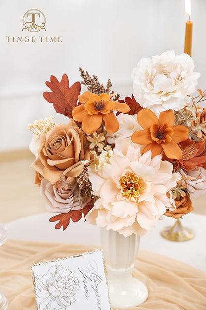 TINGE TIME Artificial Flowers Burnt Orange & Champagne Flower Combo for DIY Wedding Bouquets Table Centerpieces Arrangements Party Baby Shower Home Fall Decorations