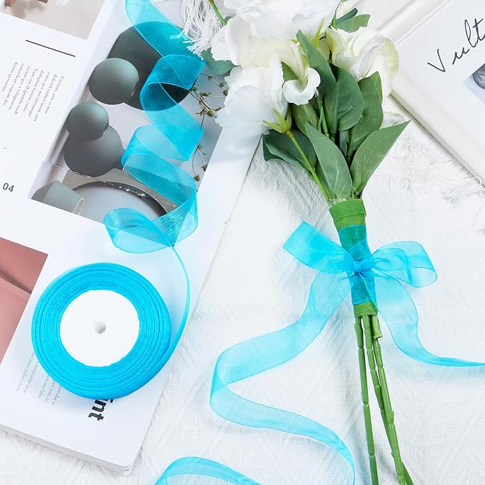 Turquoise Ribbon for Gift Wrapping 1 inch Sheer Organza Ribbon for Flower Bouquet Tulle Thin Chiffon Ribbons for Wedding Invitations Presents Decorations Crafts 50 Yards