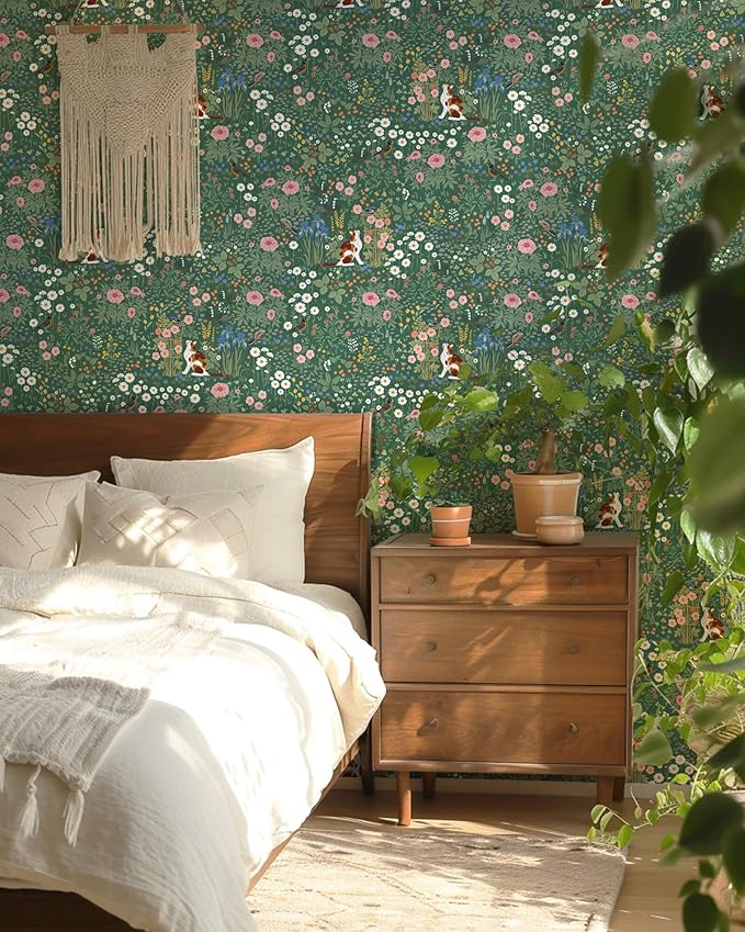 Heroad Floral Peel and Stick Wallpaper Green Wallpaper Boho French Country Contact Paper Vintage Cat Birds Removable Self-Adhesive Wall Paper for Bedroom Kitchen Cabinets Decoration Vinyl 17.3”x393”