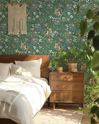 Heroad Floral Peel and Stick Wallpaper Green Wallpaper Boho French Country Contact Paper Vintage Cat Birds Removable Self-Adhesive Wall Paper for Bedroom Kitchen Cabinets Decoration Vinyl 17.3”x393”