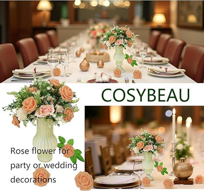Artificial Rose Flowers 25pcs, Light Orange Foam Fake Rose Faux Flower for Wedding Bouquets Bridal Shower Centerpieces Floral Arrangements Home Decorations Party Backdrops Table