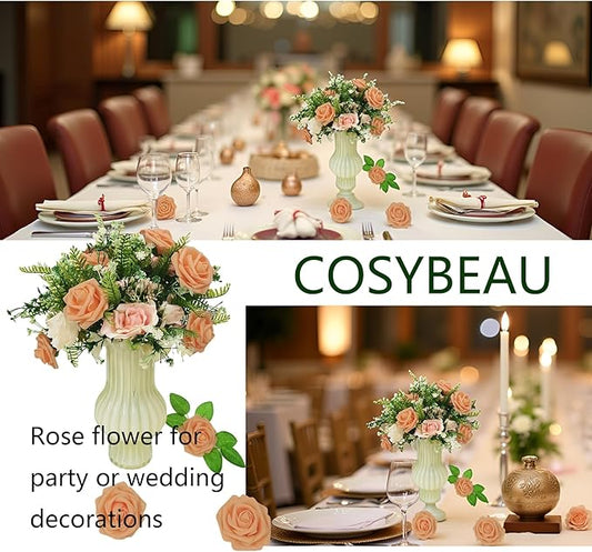 Artificial Rose Flowers 25pcs, Light Orange Foam Fake Rose Faux Flower for Wedding Bouquets Bridal Shower Centerpieces Floral Arrangements Home Decorations Party Backdrops Table