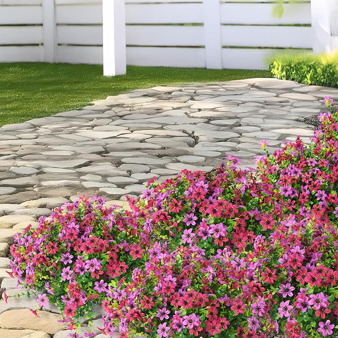 Homsunny Artificial Mums Fake Flowers for Outdoors Decoration, 12 Bundles Faux Silk Daisy Plants UV Resistant for Outside Garden Front Door Porch Planter Patio Yard (Light and Fuchsia)