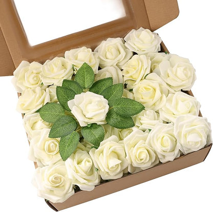 60Pcs Artificial Rose Flowers, Real Looking Fake Roses for Decorations, Foam Rose Bulk with Stems for DIY Wedding Bouquets Floral Arrangements Bridal Shower Party Home Decor (60, Cream)