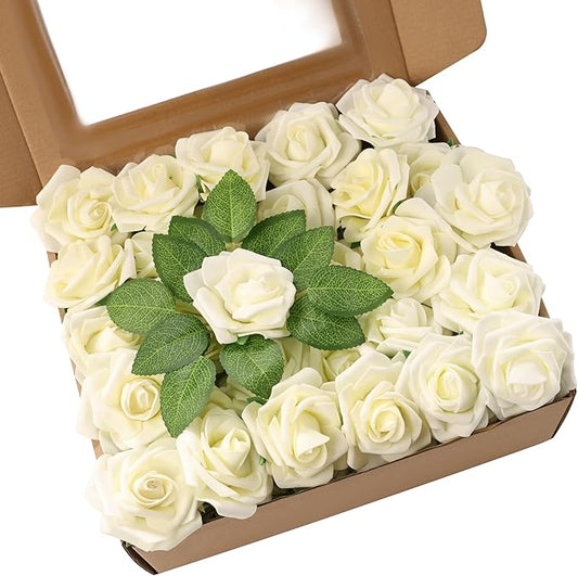60Pcs Artificial Rose Flowers, Real Looking Fake Roses for Decorations, Foam Rose Bulk with Stems for DIY Wedding Bouquets Floral Arrangements Bridal Shower Party Home Decor (60, Cream)