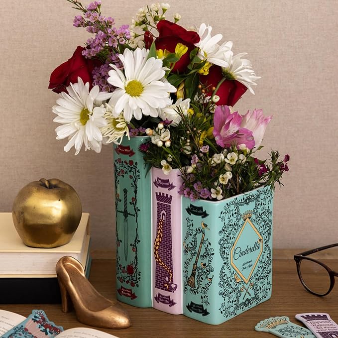 Steel Mill & Co Original Triple Book-Shaped Decorative Vase, Tiered Ceramic Bookshelf Decor, Unique Flower Holder for Book Lovers, Grimm's Fairy Tales