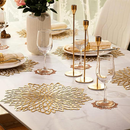 Snowkingdom Pack of 8 Gold Metallic Round Placemats Bulk Round Pressed Vinyl Leaf Dinning Kitchen Table Mats Decoration for Christmas Wedding Thanksgiving Party