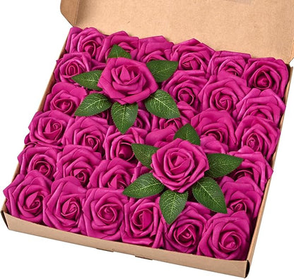 BLEUM CADE 36Pcs Artificial Flowers Fake Roses with Stems, Rose Red Boxed Foam Roses for DIY Bouquets Centerpieces Wedding Party Arrangement Bridal Shower Decor