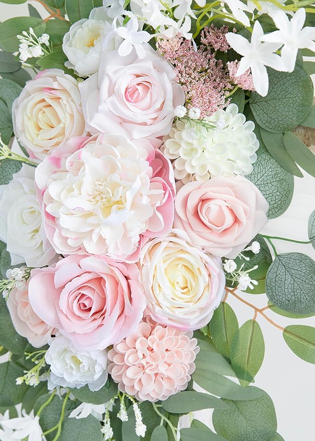 ponatia Artificial Wedding Arch Flowers with 26Ft Arch Draping Fabric, Pink Wedding Flowers for Wedding Welcome Signs Floral Decorations and Wedding Reception Ceremony Decor (Blush Pink & Ivory)