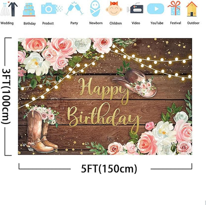 SVBright Cowgirl Western Birthday Backdrop 5Wx3H Rustic Country Wooden Plank Pink Flower Floral Retro Happy Birthday Baby Shower Hat Plant Decorations Photography Background Banner Photo Booth Studio