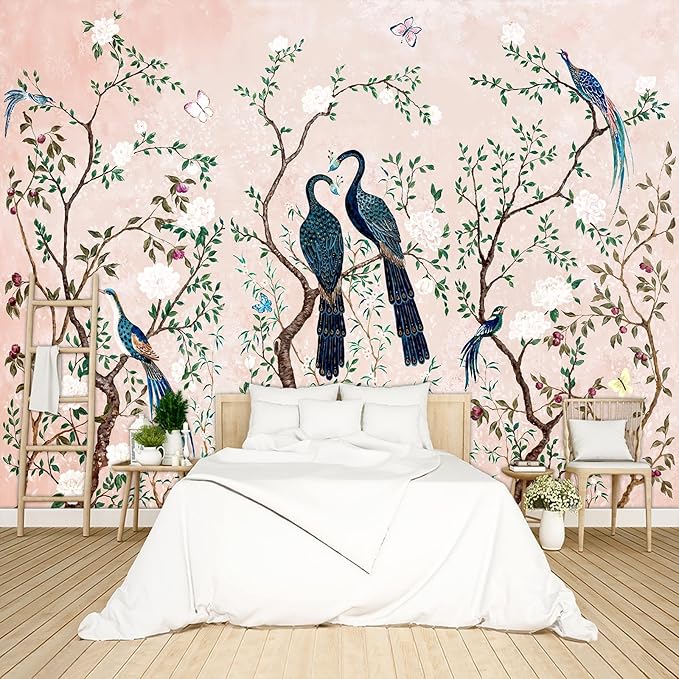 Pink Chinese Style Flowers Birds Wallpaper Peel and Stick Wall Mural for Bedroom Living Room - 58"x86"