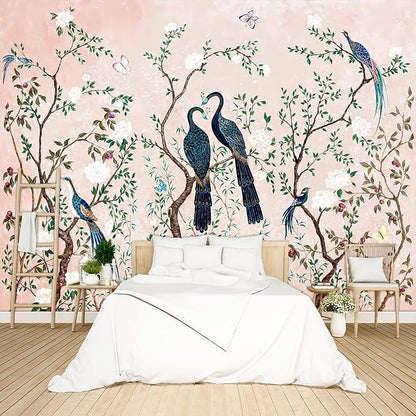 Pink Chinese Style Flowers Birds Wallpaper Peel and Stick Wall Mural for Bedroom Living Room - 85"x118"