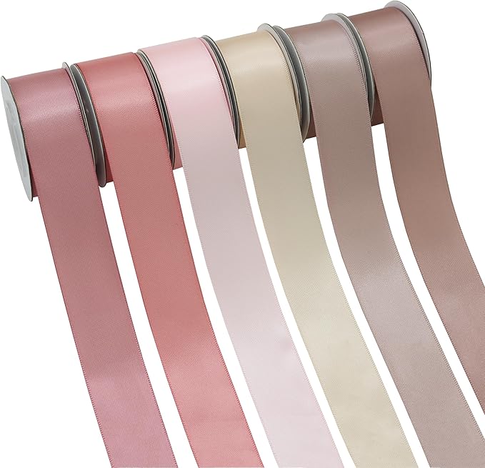 Double-Face Pink Satin Ribbon for Gift Wrapping, Wedding, Baby Shower, Mother's Day & More - 1" X 5 Yard Each, Total 30 Yds Per Package