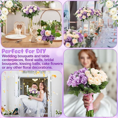36 Pcs Purple, Champagne Artificial Roses with Long Stems, Purple Fake Silk Rose Artificial Flowers Bulk for Bridal Wedding Bouquet Centerpiece Ball Arrangement Party Decor