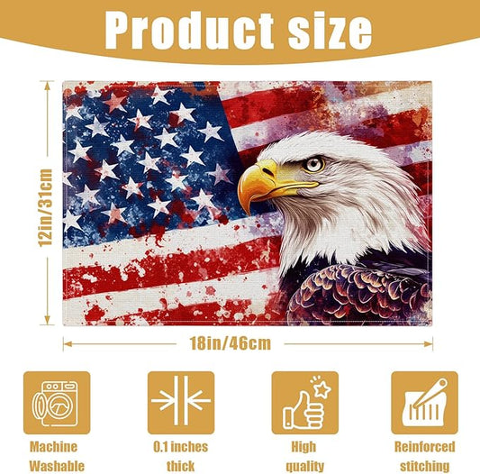Eagle USA Flag Placemats Set of 6, Linen Place Mat Washable Stain Resistant Table Mats for Farmhouse Kitchen Dining Holiday Party Wedding Decor 12x18 Inch