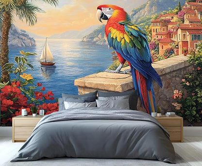 Macaw Parrot Wall Mural, Coastal Mediterranean Parrot 3D Wall Murals, Sunset Seaside Village Scene Wallpaper Mural, for Living Room Bedroom Large Wallpaper Indoor Decor 169.3" W x118.2 H