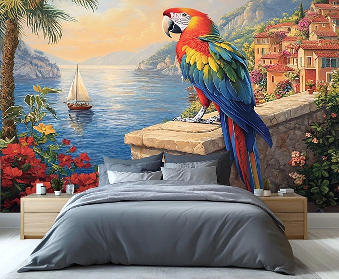 KIREUPA Macaw Parrot Wall Mural, Coastal Mediterranean Parrot 3d Wall Murals, Sunset Seaside Village Scene Wallpaper Mural, for Living Room Bedroom Large Wallpaper Indoor Decor 59" W x39.4 H