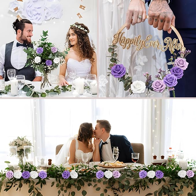 Artificial Flowers 50PCS Purple Roses Real Looking Foam Fake Roses with Leaves and for DIY Wedding Bouquets Bridal Shower Centerpieces Party Decorations (Purple Series, 50)