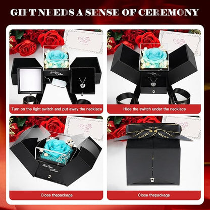 FIACO Gifts for Women Preserved Real Roses with I Love You Necklace Fresh Forever Flowers Birthday Gifts for Mom Grandma Wife Girlfriend on Anniversary Christmas Valentines Romantic Gift