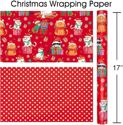 MAYPLUSS Christmas Wrapping Paper Roll - 17 Inch X 33 Feet - Cute Cat Christmas Hat Reversible Polka Dot Gift Wrapping Paper, Thick Wrap Paper for Holiday Party New Year Kids