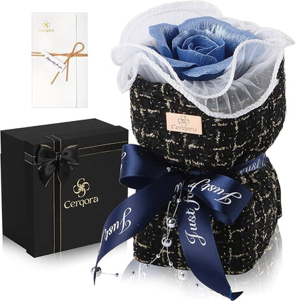 Ceramic Preserved Rose Bouquet, Blue Eternal Flower Handmade Ceramic Craft Art with Fragrance Expansion Function, Birthday/Anniversary/Valentine's Day Luxury Gift Box for Women, Mom, Wife,Her