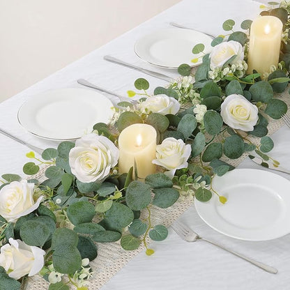 TOCHGREEN 4Pcs(26 Ft) Artificial Eucalyptus & White Rose Flower Garland, Faux Rose Vine & Gypsophila Greenery for Party & Wedding Decor (White, 4PCS)