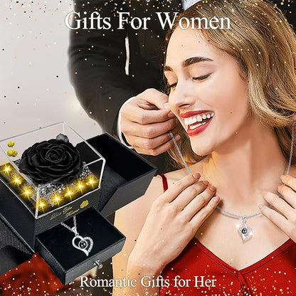Preserved Real Rose-Eternal Flowers Rose Mothers Day for Mom Women Her Wife Girlfriend on Birthday Valentines with I Love You Necklace 100 Languages Romantic Gift (Black)