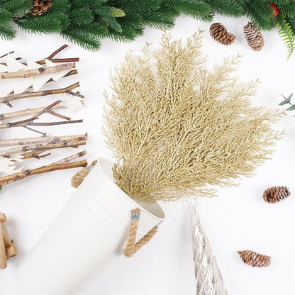 Christmas Glitter Stems 24pcs Artificial Pine Tree Picks for Christmas Tree Ornaments fillers, DIY Xmas Wreath, Crafts, Garland, Holiday, Party, Wedding and Home Decoration(Gold)