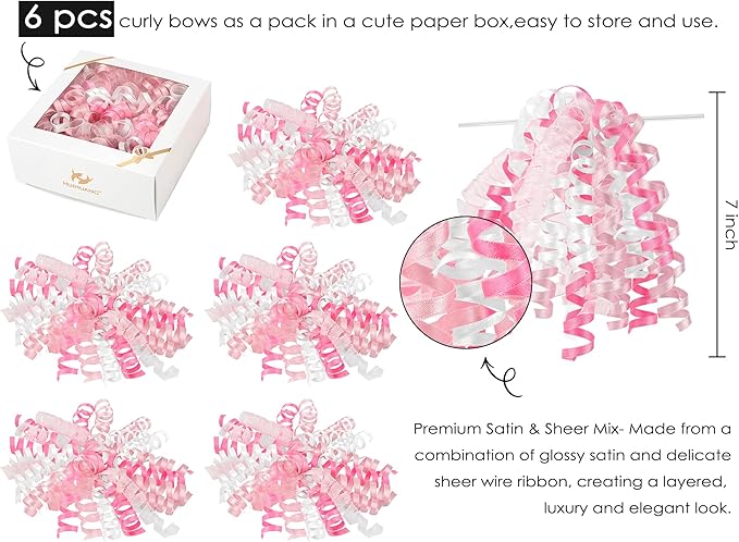 HUIHUANG Bows for Gift Wrapping Pink/White/Hot Pink Curly Bows with Self Adhesive & Twist Tie, 7 inch Pink Gift Bow for Presents, Gift Basket, Baby Shower, Christmas Decor, Party Favors- 6 Counts