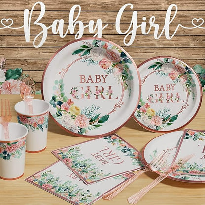 Ecomore Baby Shower Decorations for Girl - 249 PCS Baby Girl Gender Reveal Party Supplies & Disposable Dinnerware Set (25 Guest) with Pink Rose Gold Floral Paper Plates Backdrop Tablecloth Balloon Kit