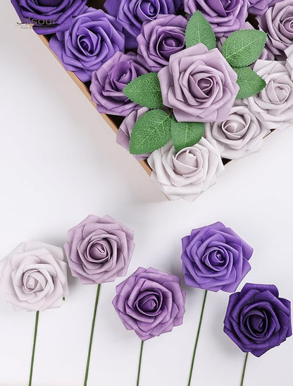 25pcs Artificial Flower，Real Looking Foam Roses w/Stem for DIY Wedding Bouquets Centerpieces Bridal Shower Party Decor-Shades of Series Purple