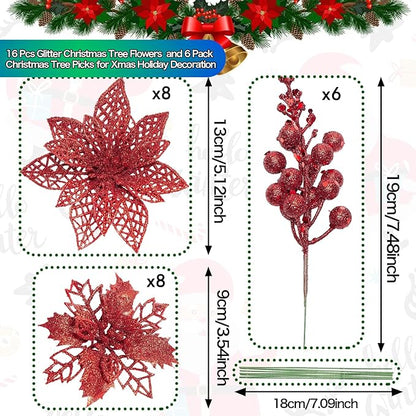 Zhuqing 22Pcs Christmas Poinsettia Artificial Flowers and Glitter Berries Stems Kit, 16Pcs Christmas Tree Flowers Ornaments and 6 Pack Christmas Tree Picks for Wedding Holiday Decorations (Red)